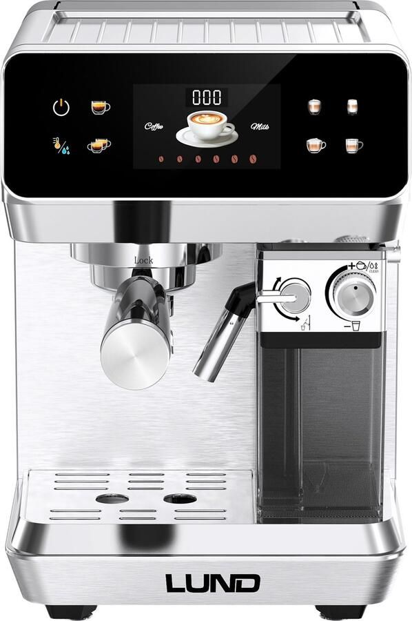 Lund 68503 Premium Pistonmachine – Espressomachine met Automatische Melkopschuimer – 20 Bar – Voor Gemalen Koffie & ESE Pads – 8 Programma's – RVS