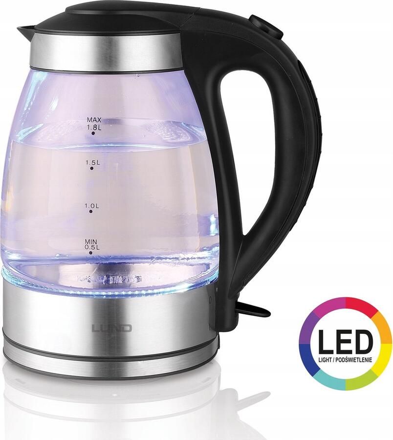 Lund glazen waterkoker met LED Filter Droogkookbeveiliging RVS 1.8L 2200W 68172 zilver zwart