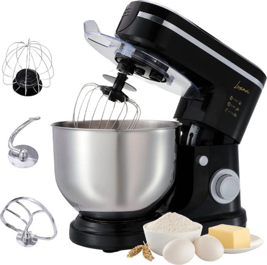 Luxari Keukenmachine – Incl. Spatscherm 3 Opzetstukken – 6 Snelheden 6L Mengkom 1500W Keukenrobot Foodprocessor Keukenmixer Zwart - Foto 2