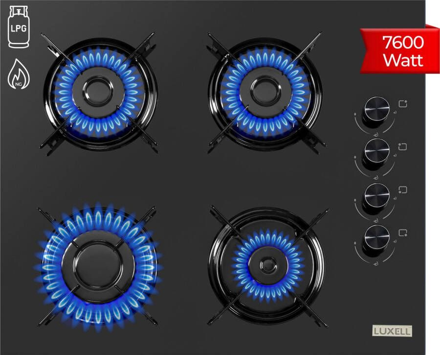 Luxell OC-88 Inbouw Gaskookplaat – Zwart – 4 Pits – Aardgas LPG – 60cm - Foto 2