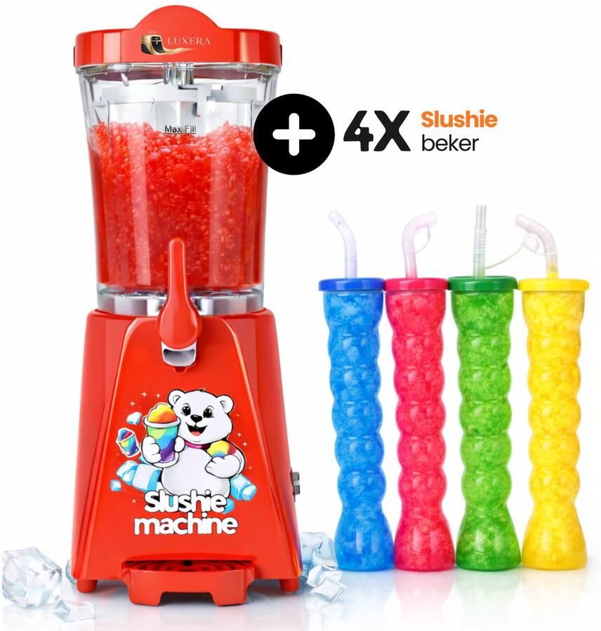 Luxera Luxéra Luxe Slushie Machine Rood – met 4 Slushie Bekers Slush Machine Slush Puppy Maker Slushie Maker Slush Puppy Uitlegvideo 1L Capaciteit