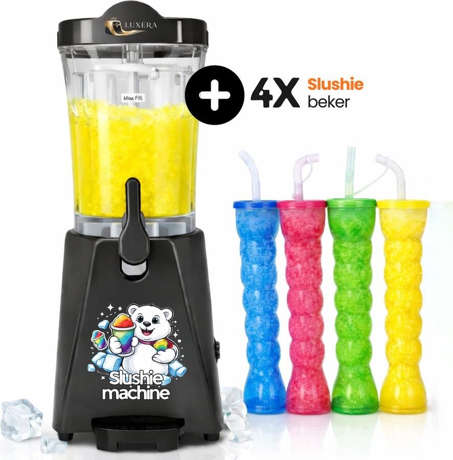 Luxera Luxéra Luxe Slushie Machine Zwart– met 4 Slushie Bekers Slush Machine Slush Puppy Maker Slushie Maker Slush Puppy Uitlegvideo 1L Capaciteit