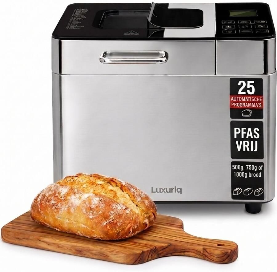 Luxuriq Broodbakmachine Warmhoudfunctie & Timer 25 programma s 500 750 1000 gram PFAS vrij Glutenvrij programma Noten fruit dispenser Broodmachine 600W RVS + Ovenhandschoenen