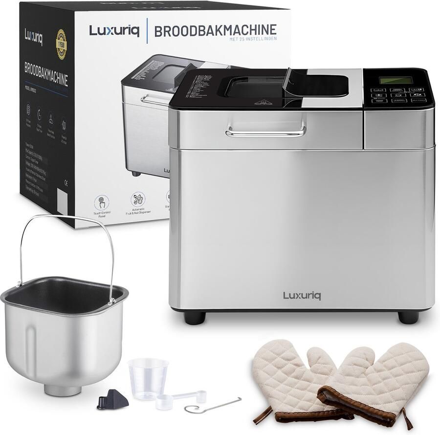 Luxuriq Broodbakmachine Warmhoudfunctie & Timer 25 programma s 500 750 1000 gram PFAS vrij Glutenvrij programma Noten fruit dispenser Broodmachine 600W RVS + Ovenhandschoenen