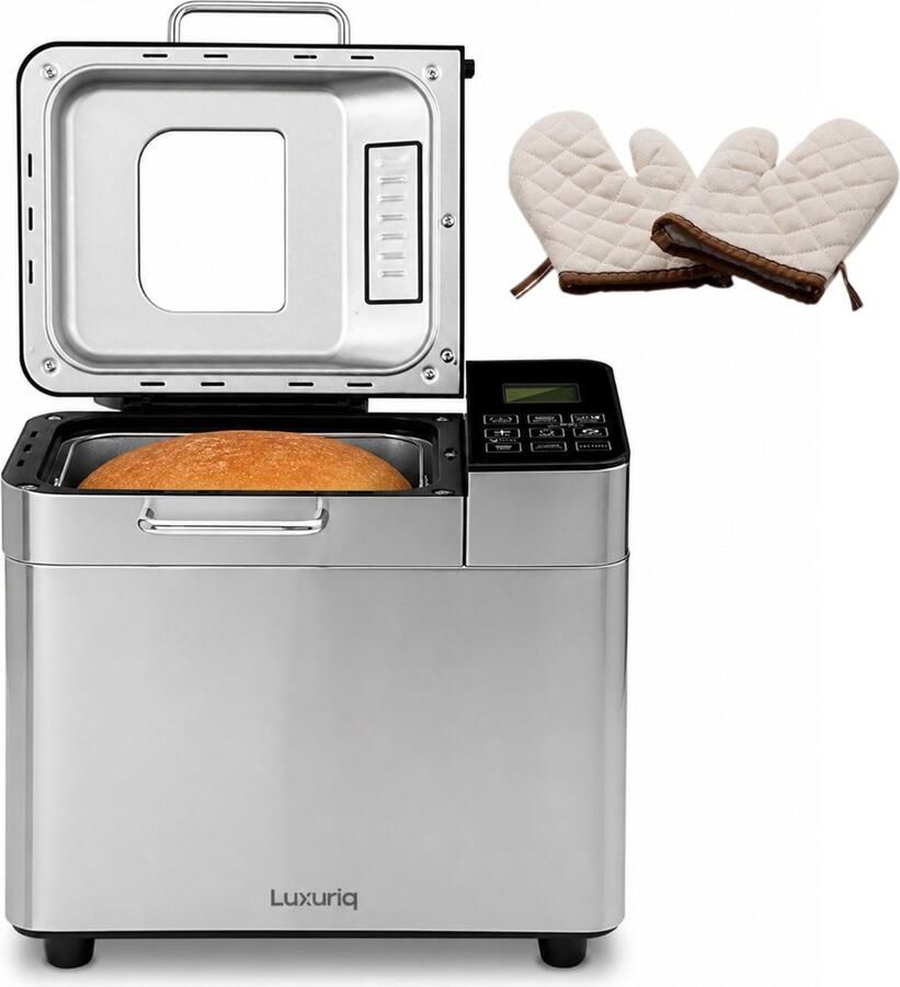 Luxuriq Broodbakmachine Warmhoudfunctie & Timer 25 programma s 500 750 1000 gram PFAS vrij Glutenvrij programma Noten fruit dispenser Broodmachine 600W RVS + Ovenhandschoenen