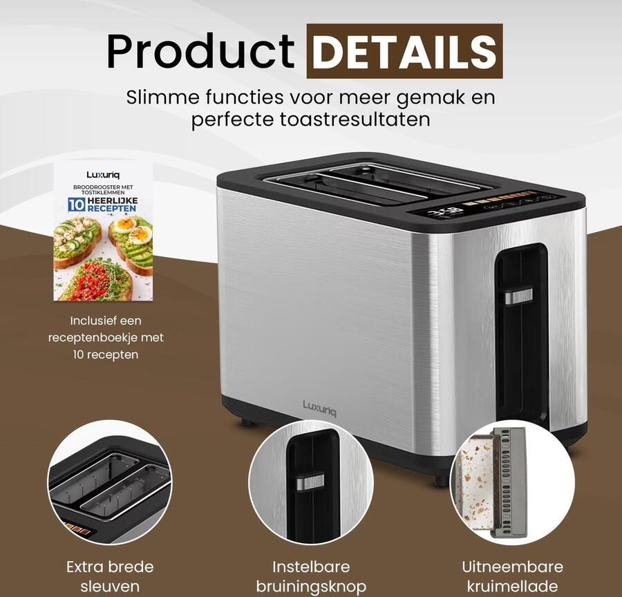 Luxuriq Broodrooster met Tostiklemmen 900W 2 sleuven 7 Warmteniveaus 6 Programma's Led Scherm Kruimellade Toaster met Timerfuncties Tosti Apparaat RVS - Foto 2