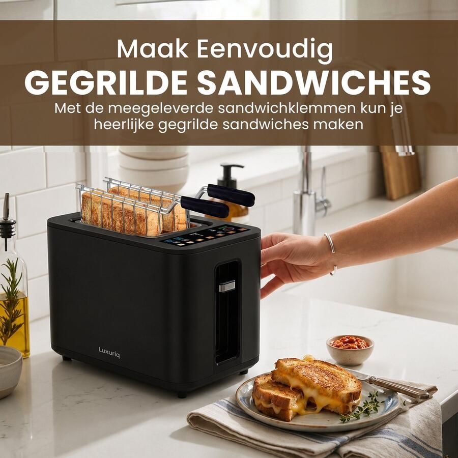 Luxuriq Broodrooster met Tostiklemmen 900W 2 sleuven 7 Warmteniveaus 6 Programma's Led Scherm Kruimellade Toaster met Timerfuncties Tosti Apparaat Zwart