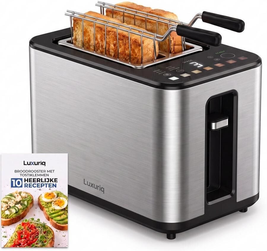 Luxuriq Broodrooster met Tostiklemmen 900W 2 sleuven 7 Warmteniveaus 6 Programma's Led Scherm Kruimellade Toaster met Timerfuncties Tosti Apparaat RVS
