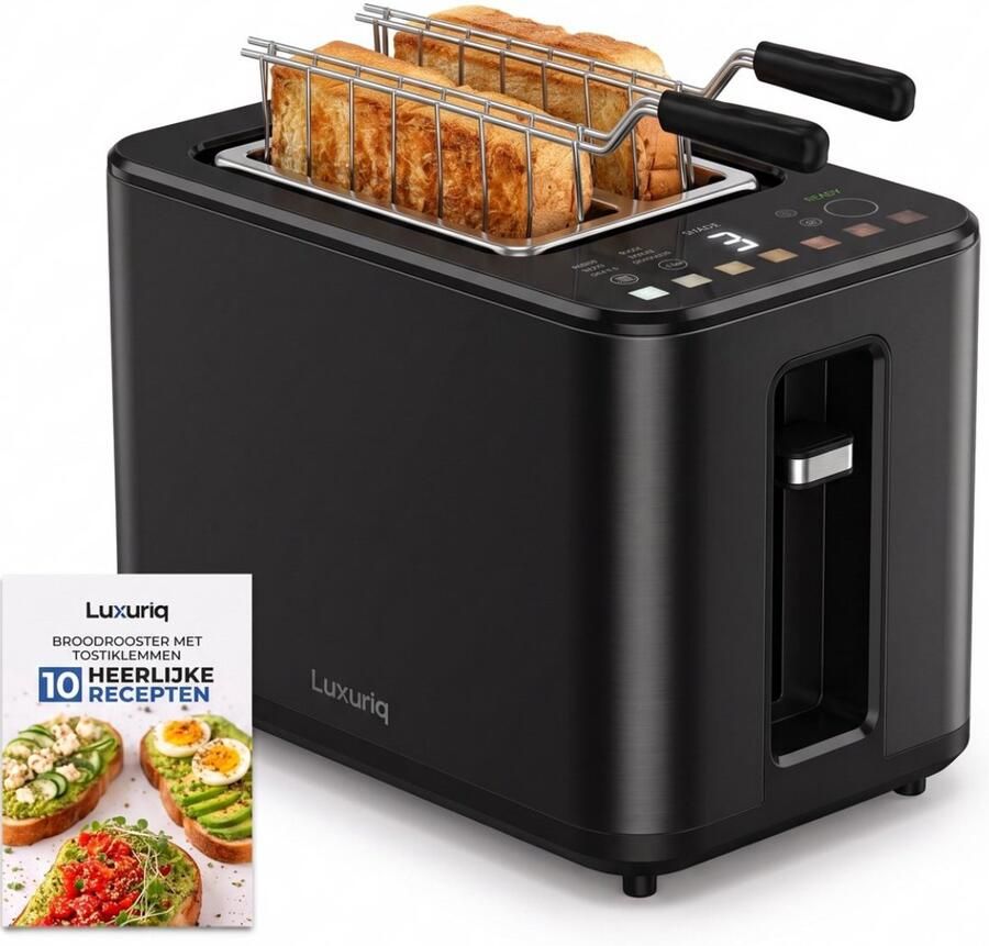 Luxuriq Broodrooster met Tostiklemmen 900W 2 sleuven 7 Warmteniveaus 6 Programma's Led Scherm Kruimellade Toaster met Timerfuncties Tosti Apparaat Zwart