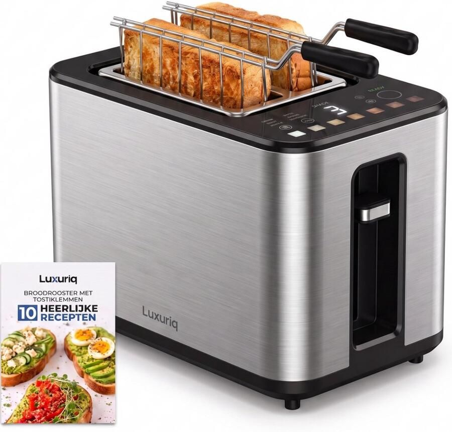Luxuriq Broodrooster met Tostiklemmen 900W 2 sleuven 7 Warmteniveaus 6 Programma's Led Scherm Kruimellade Toaster met Timerfuncties Tosti Apparaat RVS