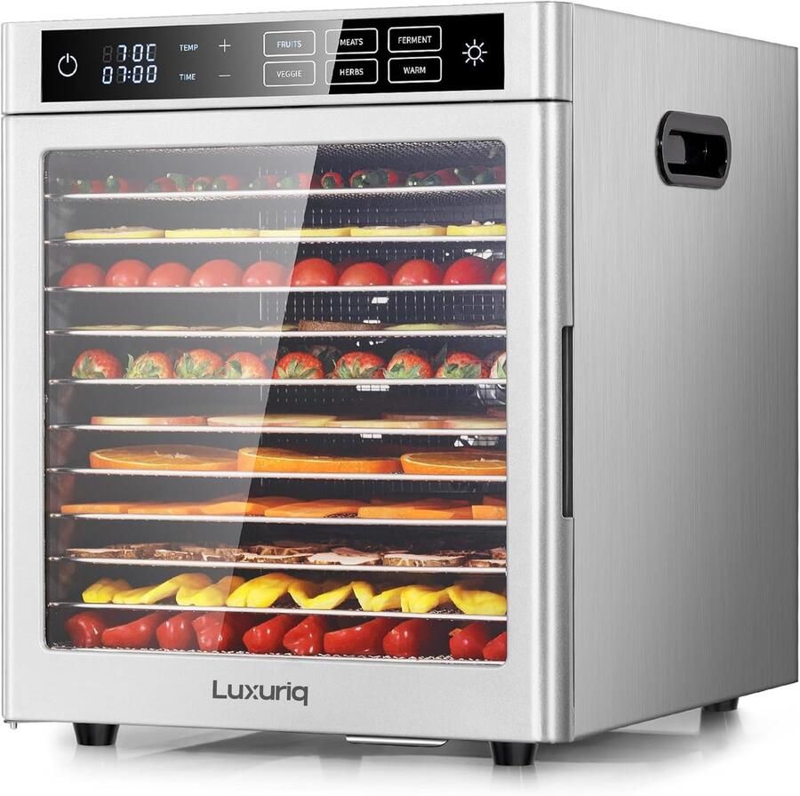 Luxuriq Voedseldroger Dehydrator 12 Lades + 12 siliconen matjes Droogoven 24-Uurs Timer Voorgeprogrammeerde programma's Led-bedieningspaneel Gratis receptenboekje 800 Watt