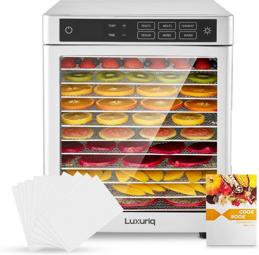 Luxuriq Voedseldroger Dehydrator 12 Lades + 12 siliconen matjes Droogoven 24-Uurs Timer Voorgeprogrammeerde programma's Led-bedieningspaneel Gratis receptenboekje 800 Watt