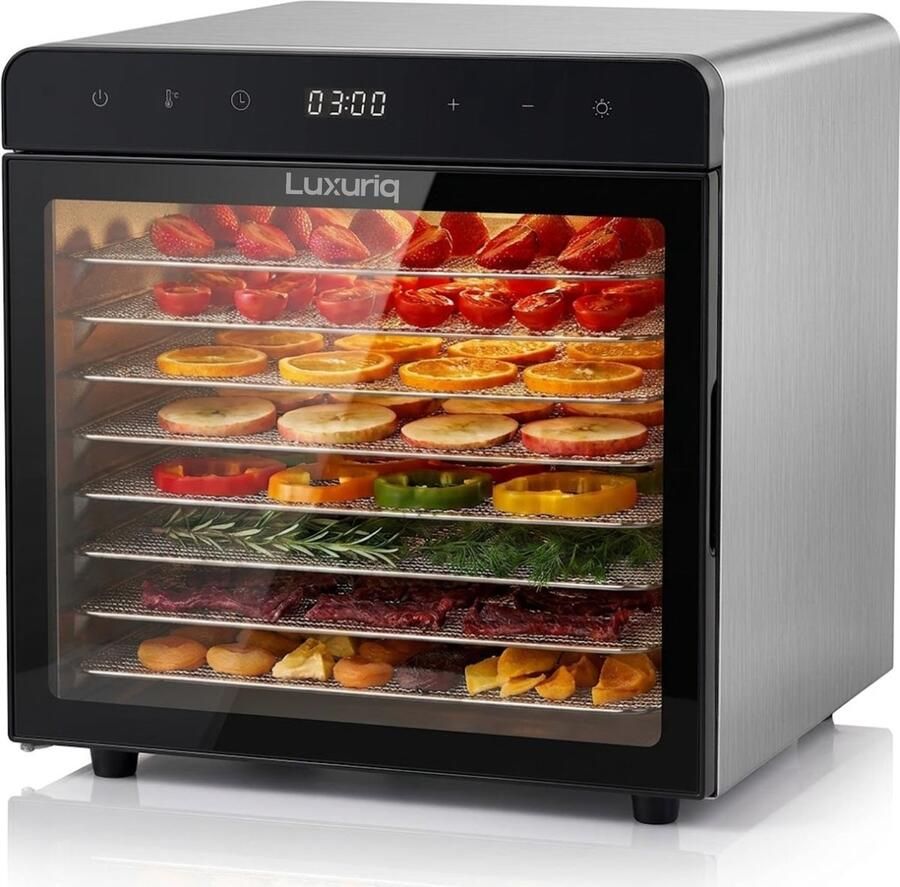 Luxuriq Voedseldroger Dehydrator 8 Lades + 8 Siliconen matjes Droogoven 24-Uurs Timer Led-bedieningspaneel Gratis receptenboekje 700 Watt
