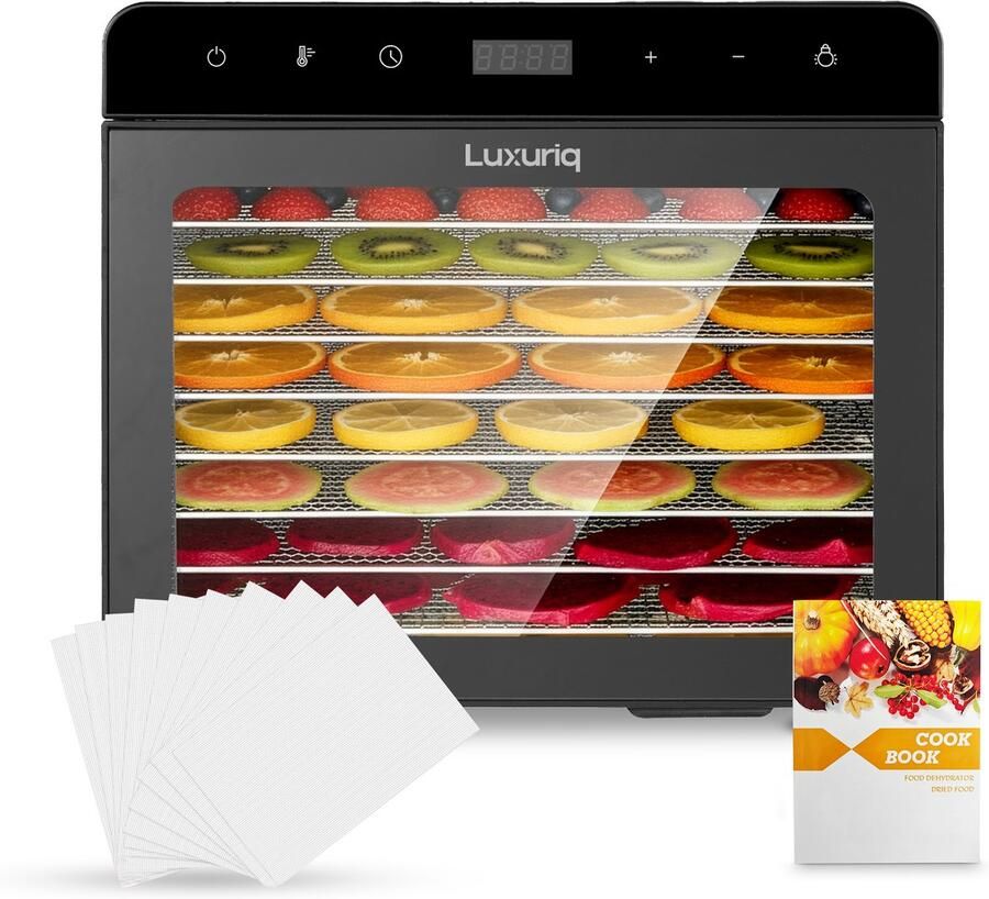 Luxuriq Voedseldroger Dehydrator 8 Lades + 8 Siliconen matjes Droogoven 24-Uurs Timer Led-bedieningspaneel Gratis receptenboekje 700 Watt