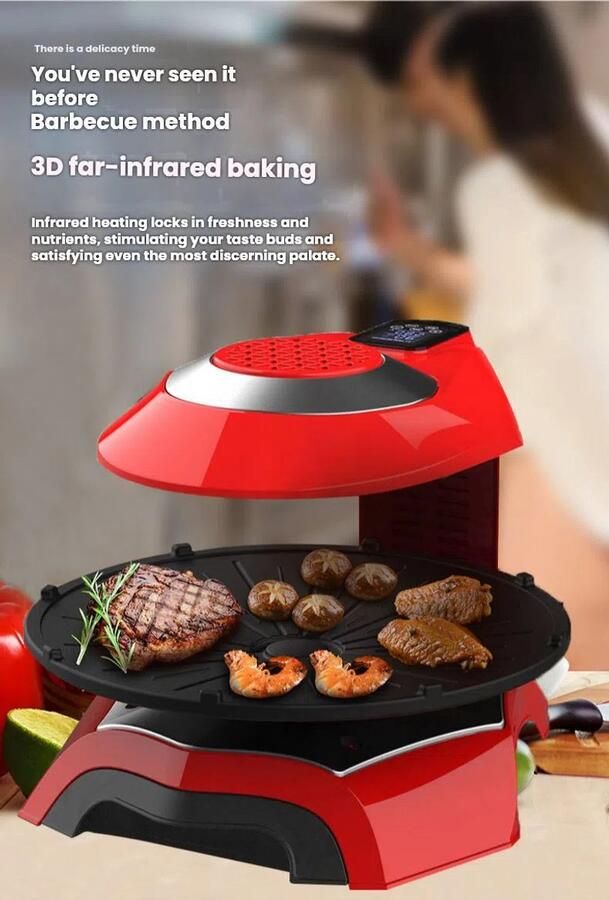 LVYANG LY-009A Infrarood Elektrische Grill – Rookvrij Intelligente temperatuurregeling-3D BBQ- LED Touch Display |11 Vermogensniveaus 80–280 °C Timer tot 80 min 36 cm Ø|360° graden draaibare bakplaat -Blauw