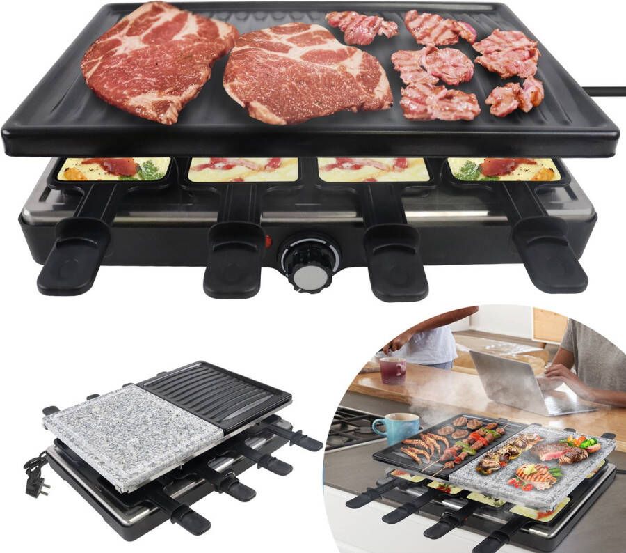 LZQ Raclette-Gril Voor 8 Personen Multi-Gril Met Steinplaat En Grillplaat 1400W Tafelgril 8 Pannen En Houten Spatel Stelbaar Temperatuurgeregelde Elektrogril Voor Binnengrillen