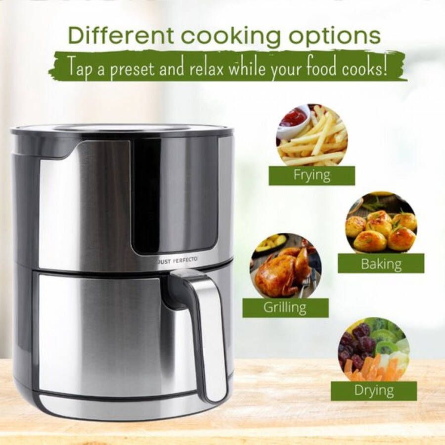 JUST PERFECTO HOUSEHOLD APPLIANCES Just Perfecto Airfryer 4L 1400W Met Touchscreen & LED Display RVS Heteluchtfriteuse Air Fryer Zonder Olie Braden Grillen Bakken Roosteren én Frituren 8 Programma's Vaatwasserbestendig Ideaal Kerst En Nieuwjaar geschenk!