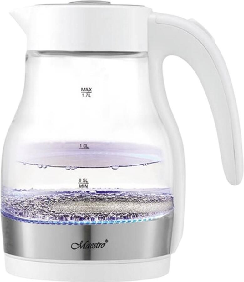 Maestro MR-061-WHITE Glazen Waterkoker 1.7 Liter 2200W Antikalkfilter 360° Draaibaar Wit Transparant