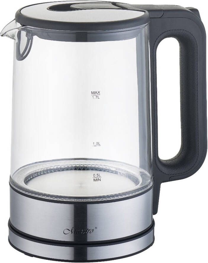 Maestro MR-053 Snoerloze Elektrische Waterkoker 1.7L Glas & Roestvrij staal Verlicht 2200W Zwart