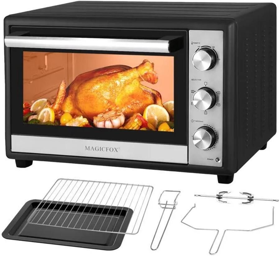MAGICFOX 46L Heteluchtoven-Raaispit-6 Standen-Lekbak met tang Kookrek-Roestvrij staal- Zwart