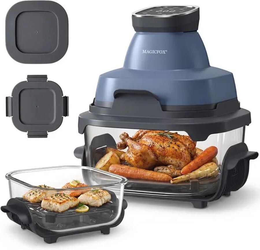 MAGICFOX Airfryer 1 47L en 4L containers 6 voorgeprogrammeerde programma's 1500W glazen airfryer Blauw