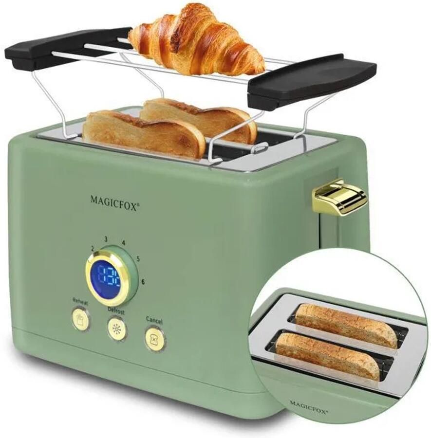 MAGICFOX ClassicToast-Digitale Broodrooster-840W-2 Extra Brede Sleuven-Automatische Uitwerping-3 Standen- Groen