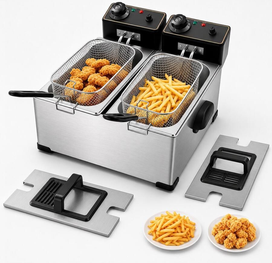 MAGICFOX Elektrische Frituurpan met Dubbele RVS Binnenpan 2 × 4 L – 4000 W – Afzonderlijk Regelbare Thermostaten – Koele Wanden – Oververhittingsbeveiliging