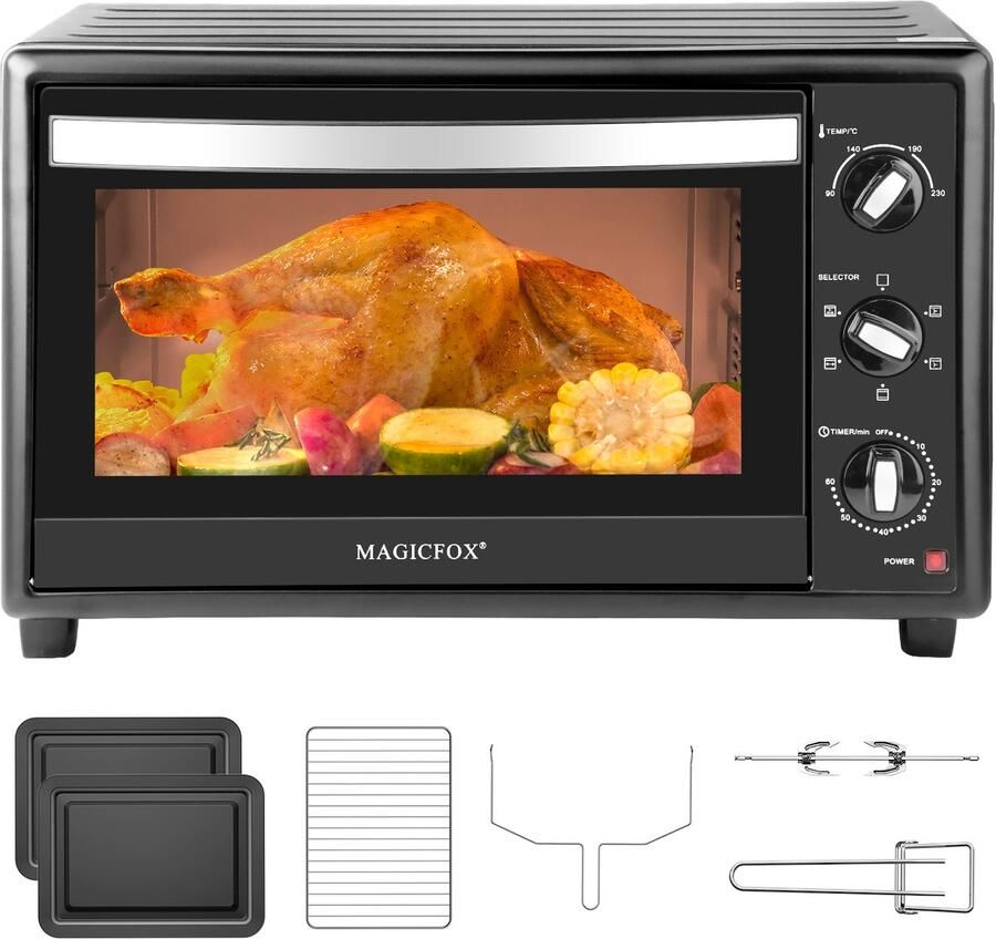 MAGICFOX Elektrische Oven-48L-Vrijstaande ovens-1800W-Heteluchtoven-6 Standen-Automatische uitschakeling-Zwart