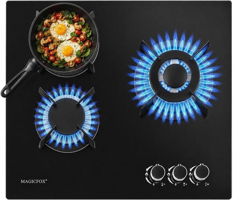 MAGICFOX Inbouw kookplaten met 3 Pitten – Thermokoppelbeveiliging – Geschikt voor Aardgas Butaan en Propaan – Zwart – 8 05 kW – 220-240 V