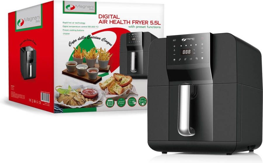 Magnani Airfryer 5 L 1700 W Anti-aanbak 80 tot 200°C Timer tot 60 minuten Voorgeprogrammeerde instellingen 4-in-1: Grillen Bakken Toasten en Frituren 38 1 x 29 6 x 35 2 cm