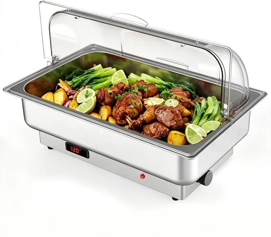 MakkelijkMooi Electrische Chafing Dish Buffetwarmer Transparant Roldeksel Hygiënisch Serveren Inhoud Serveerschaal 8.5 ltr