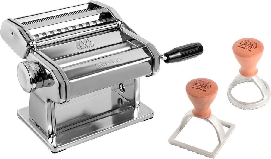 Marcato Set Atlas 150 Classic Pastamachine + Ravioli Stempel Rond 5 8 + Vierkant 4 8