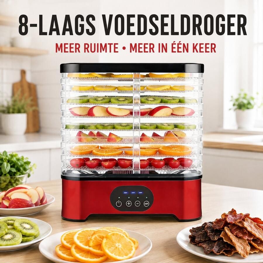 MAWIRON Elektrische Fruitdroger met 8 Transparante Droogtrays – Voedseldroger voor Jerky Fruit Groenten Kruiden en Snacks – Touchbediening 72 Uur Timer tot 70°C