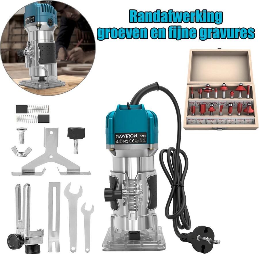MAWIRON Elektrische Handfreesmachine Compacte Houtfrees Handmatige Houtbewerkingsfrees met 15-delige Freesbitset voor Handwerk en DIY