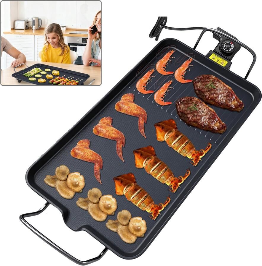 MAWIRON Elektrische tafelgrill 1500W met antiaanbaklaag 5‑standen temperatuurregeling rookarme binnen‑BBQ met EU‑stekker