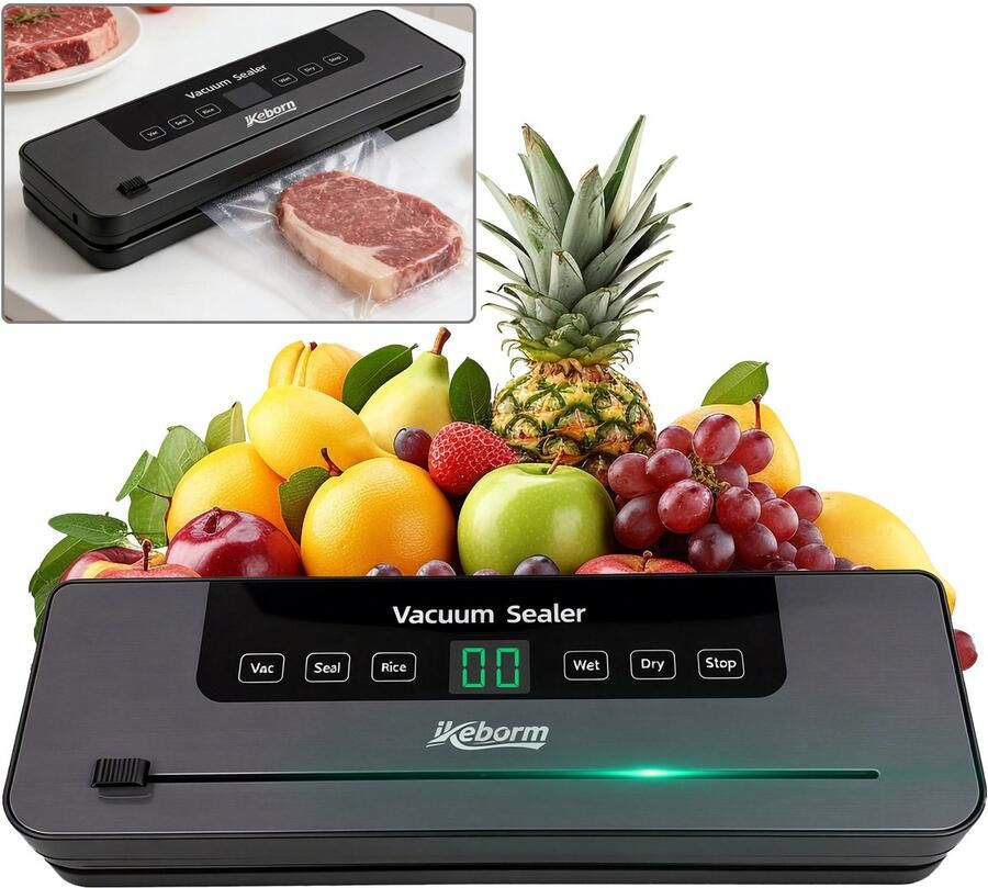 MAWIRON Vacuümverpakkingsmachine – Automatisch Vacuümapparaat voor Droge en Natte Voedsel Rijstmodus LED‑display Inclusief 10 Vacuümzakken