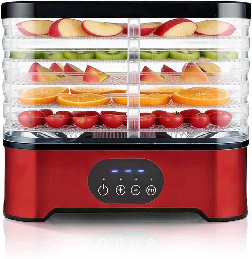 MAWIRON Voedseldroger 5 stapelbare roestvrijstalen trays 72 uur digitale instelbare timer en temperatuurregeling tot 70°. Elektrische droger en bewaarapparaat voor gedroogd vlees fruit hondensnacks en nog veel meer