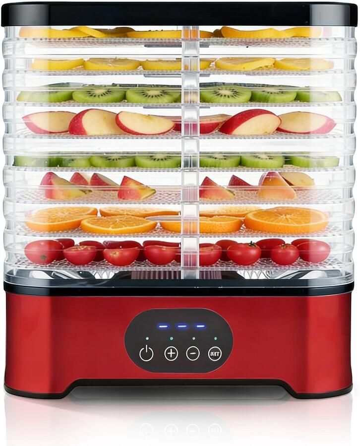 MAWIRON Voedseldroger voor gedroogd vlees en fruit 8 BPA-vrije trays 72-uurs timer en temperatuurregeling tot 21 °C 200W. Geschikt voor kruiden groenten vlees hondensnacks en fruitrolletjes. Inclusief droogplaat