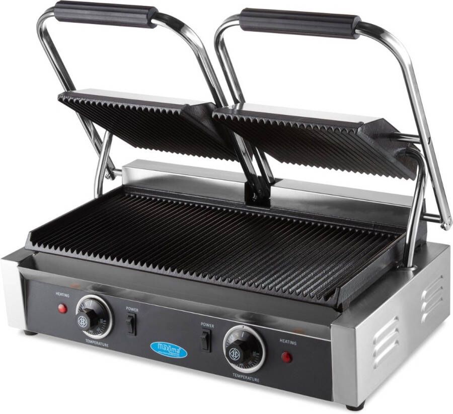 Maxima Contactgrill Gegroefd Dubbele Grillplaat 2 x 22 cm Gietijzeren bakplaten Robuuste Contact Grill RVS
