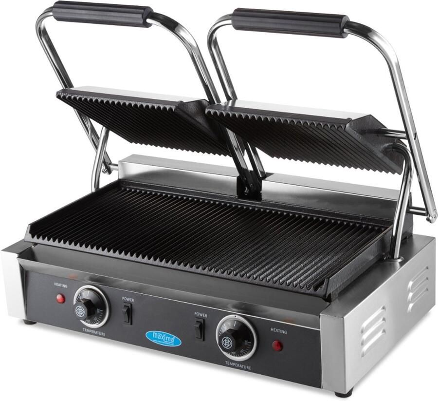 Maxima Contactgrill Gegroefd Dubbele Grillplaat 2 x 22 cm Gietijzeren bakplaten Robuuste Contact Grill RVS