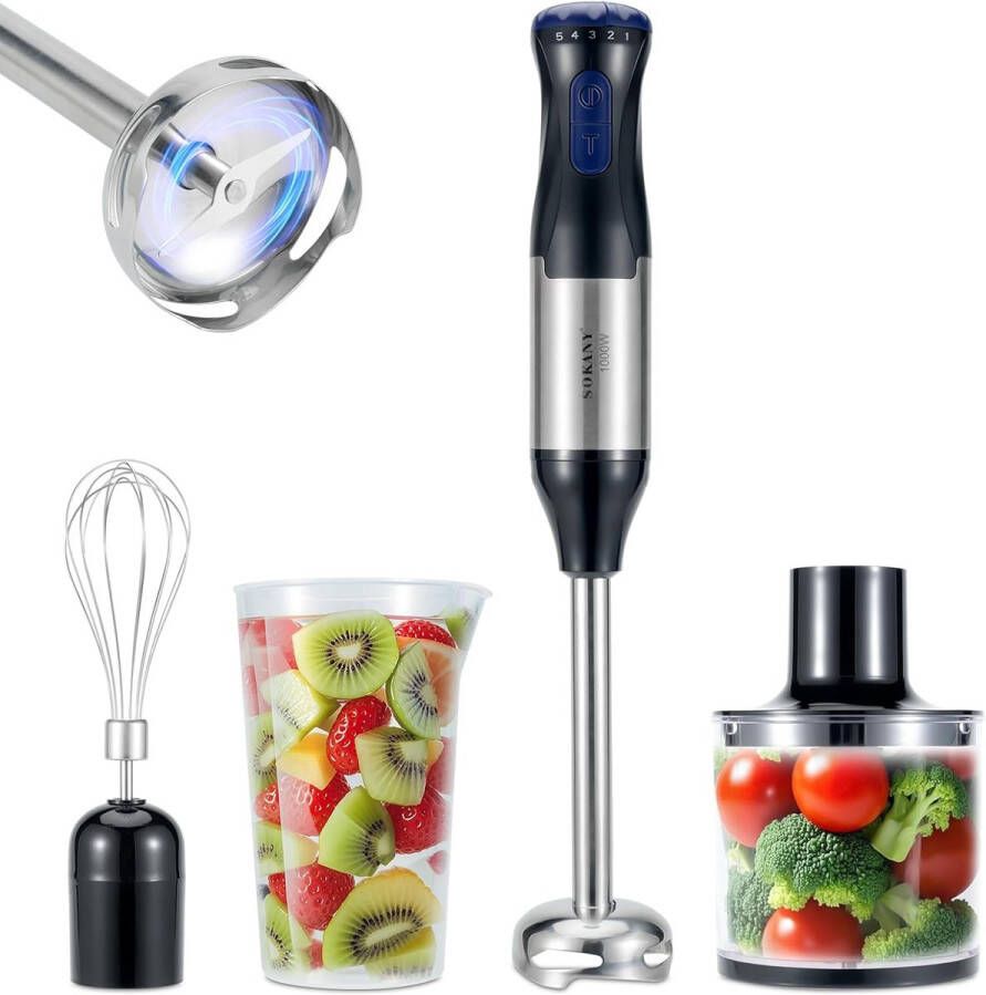 MCBOSON 4-in-1 Staafmixer Set Blender 5 versnellingen en turbolader RVS handmixer met garde maatbeker en hakkom 1000W Comforthandgreep Zwart