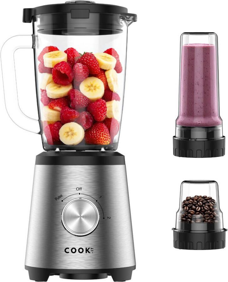 Media Evolution COOK-IT 3-in-1 Blender 1500W RVS Design Glazen Blenderkan 1 75L Kruidenmolen 200ml Smoothie Meeneembeker 600ml 2 Snelheden + Pulsefunctie Krachtige Multifunctionele Keukenmixer