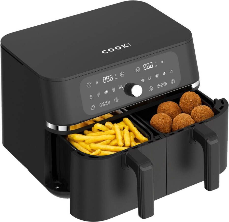 Media Evolution COOK-IT Dubbele Airfryer 2×4 5L 1600W + 1600W Touchscreen 11 Programma s Smart Finish & Match Cook 60–200°C Instelbaar PFAS-vrij Vaatwasserbestendige Manden Oververhittingsbeveiliging