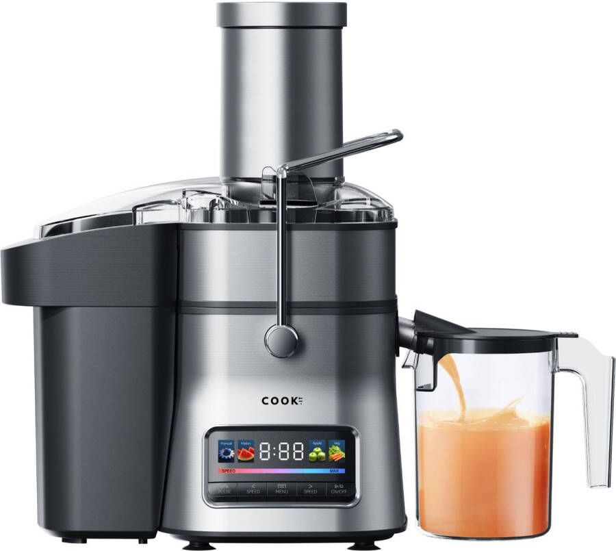 Media Evolution COOK-IT JUICER PRO Roestvrijstalen Sapcentrifuge Kleurrijk LED-displaypaneel Drukknopschakelaar met 6 Snelheden 3 Vooraf Ingestelde Programma s Extra Grote Vulschacht 84 mm 1L Sapkan met Schuimscheider 2 5L Pulpcontainer RVS Microzeef