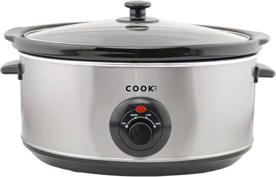 Media Evolution COOK-IT Slowcooker 6 5L Ovale Keramische Binnenpan 2 standen + warmhoudfunctie Glazen Deksel RVS Buitenwand Eenvoudig schoon te maken