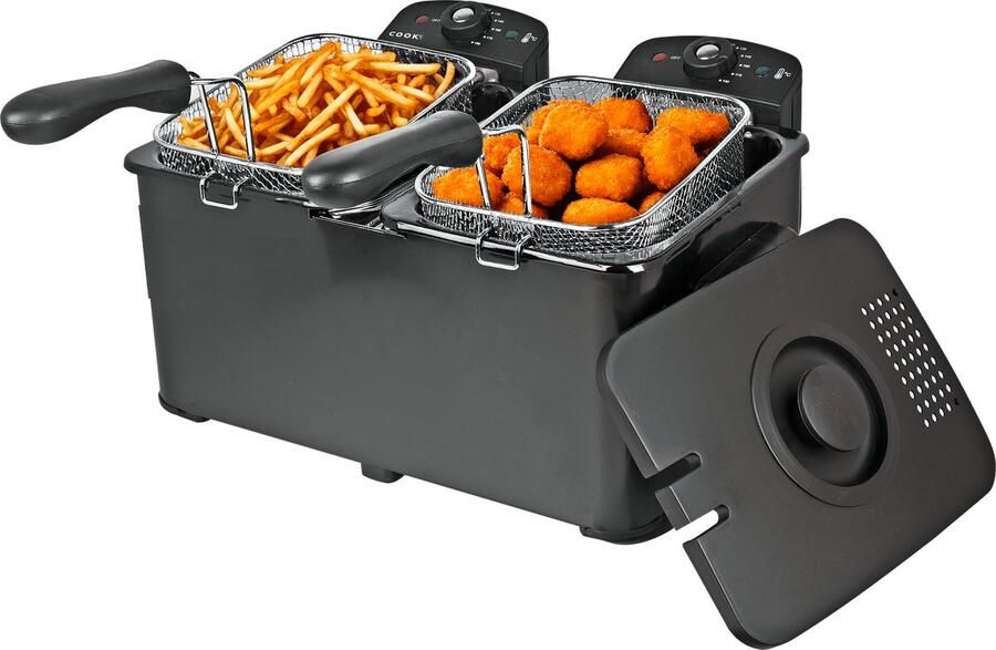 Media Evolution COOK-IT Dubbele Frituurpan Friteuse 2 x 3 Liter 2 Aparte Manden Temperatuur Apart Instelbaar 115-190°C Voor Friet & Snacks Zwart