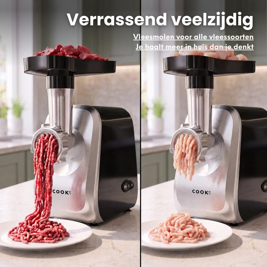 Media Evolution COOK-IT Elektrische Vleesmolen – Gehaktmolen 1300W – 3 RVS Maalschijven – Reverse Functie