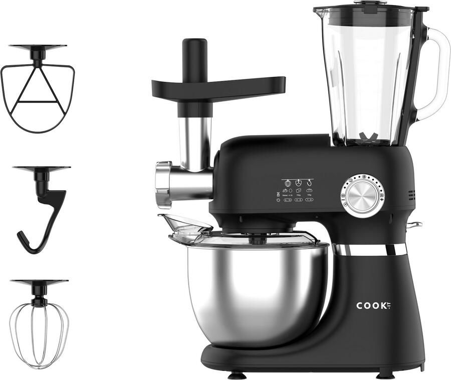Media Evolution COOK-IT Keukenmachine 3-in-1 – Keukenrobot met Vleesmolen en Blender – 1300W – 5L RVS Mengkom – 1 75L Glazen Blenderkan – 12 Snelheden – Keukenmixer – Zwart