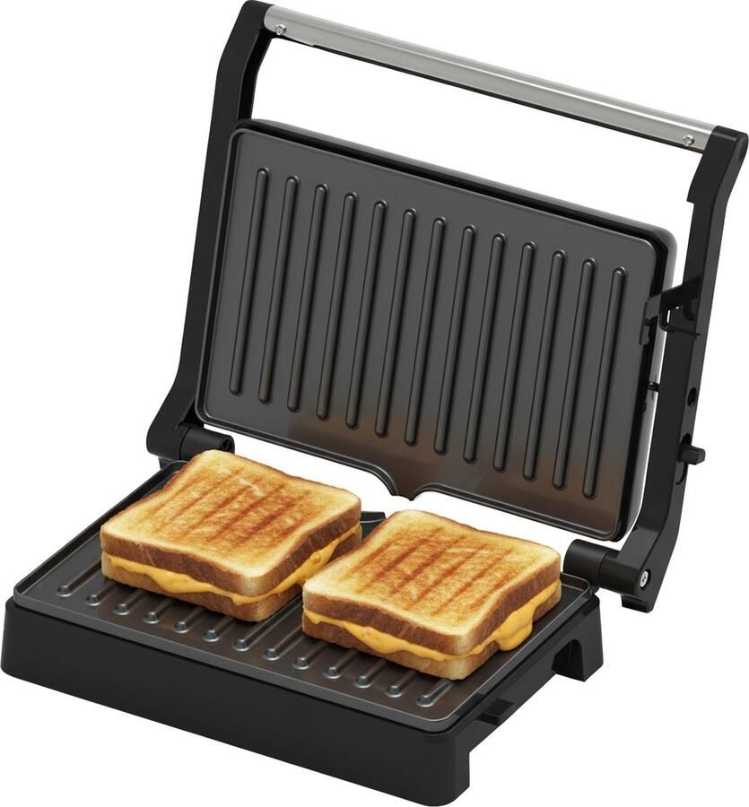 Media Evolution COOK-IT QuickPress Grill PFAS-vrije Antiaanbaklaag 180° Uitklapbaar Zwevend Scharnier Vetopvangbakje Cooltouch Handgreep