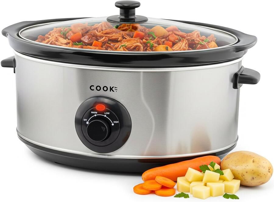 Media Evolution COOK-IT Slowcooker 6 5L Ovale Keramische Binnenpan 2 standen + warmhoudfunctie Glazen Deksel RVS Buitenwand Eenvoudig schoon te maken
